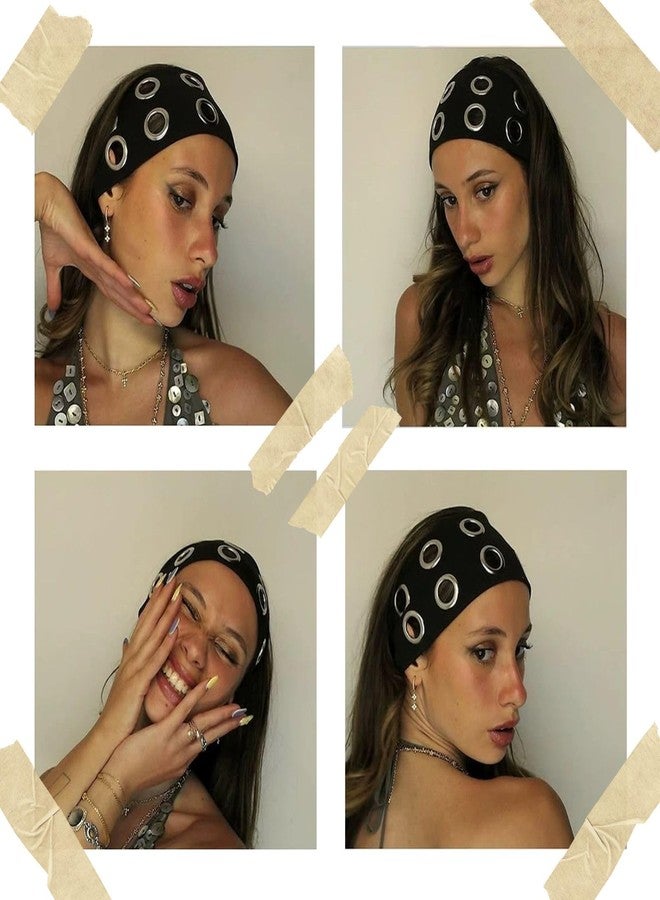 Juglok Grommet Eyelet Headband with Holes for Women, Stretch Punk Y2K Headband, Gothic Rock Hair Accessories for Streetwear & Y2K Accessories (Black-2pcs, Average) - Image 5